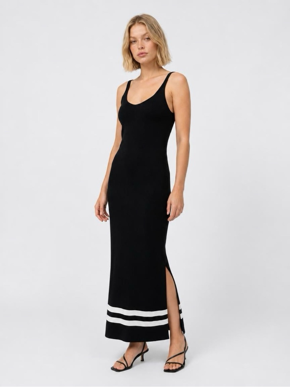 NWT DKNY Jeans black ribbed knit maxi tank dress with white stripes at bottom